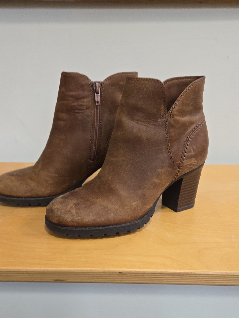 Clarks Brown Leather Stacked Heel Ankle Booties